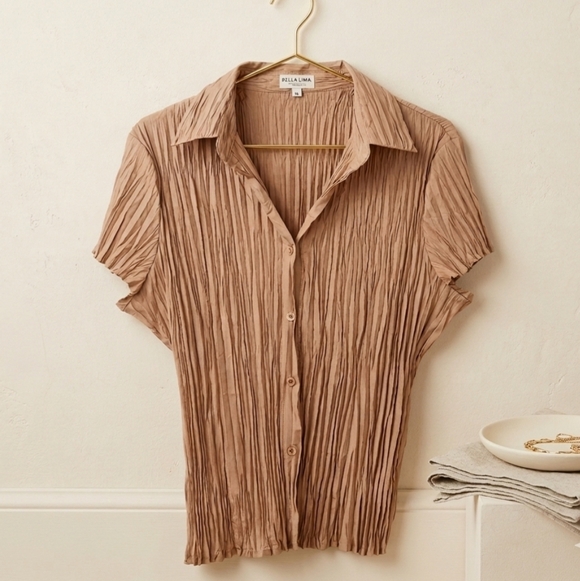 Bellissima Tops - Bellissima XL Tan Micro Pleated Crinkle Button Up Coastal Minimalist Top
